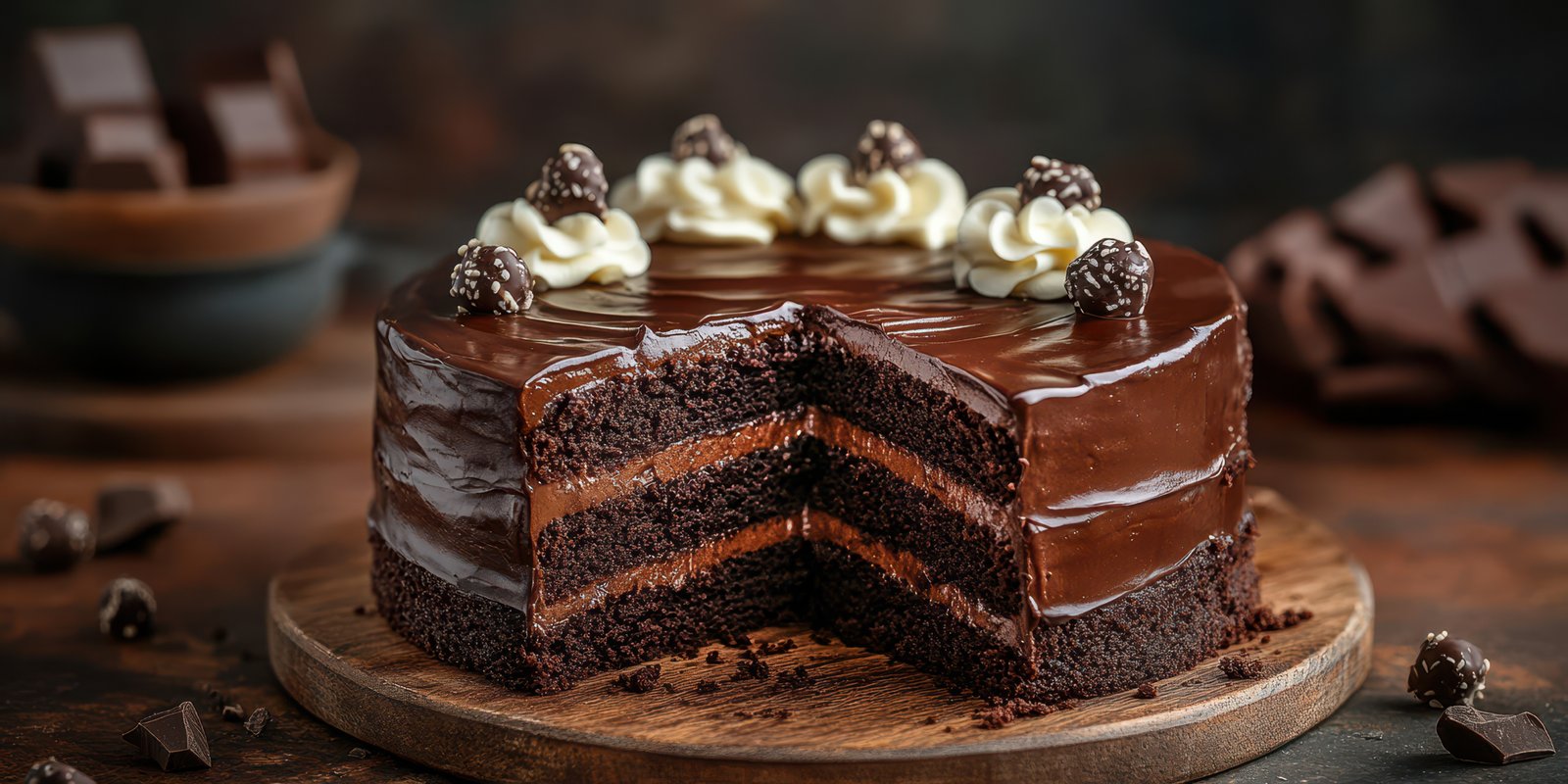 Decadent chocolate cake with layers of rich frosting and toppings, perfect for dessert lovers at a gathering or celebration